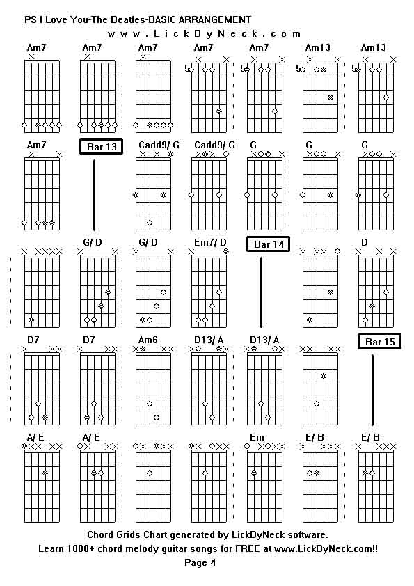 Chord Grids Chart of chord melody fingerstyle guitar song-PS I Love You-The Beatles-BASIC ARRANGEMENT,generated by LickByNeck software.